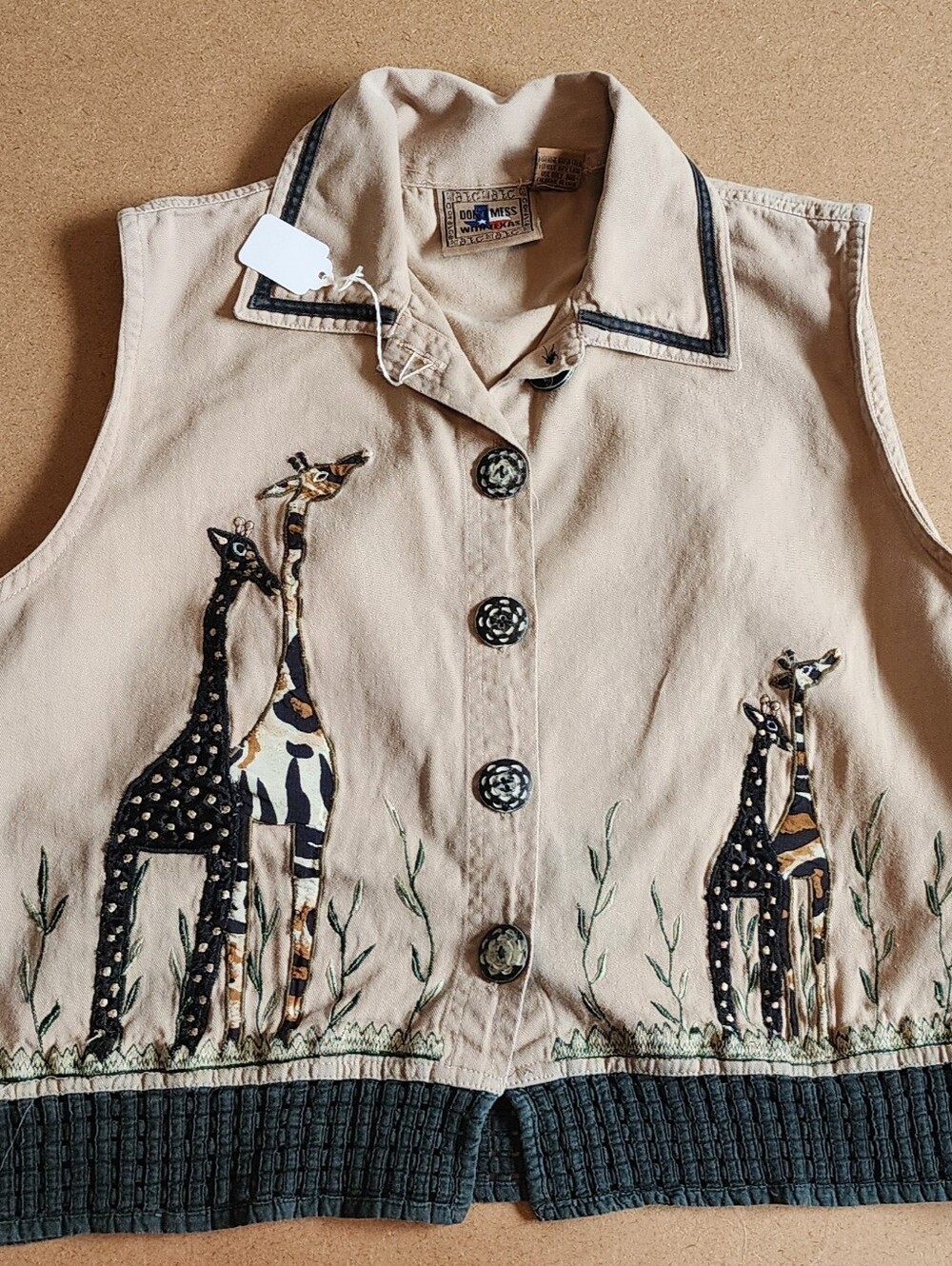 Vintage Beige Embroidered Giraffe Sleeveless Jacket - Unknown Brand